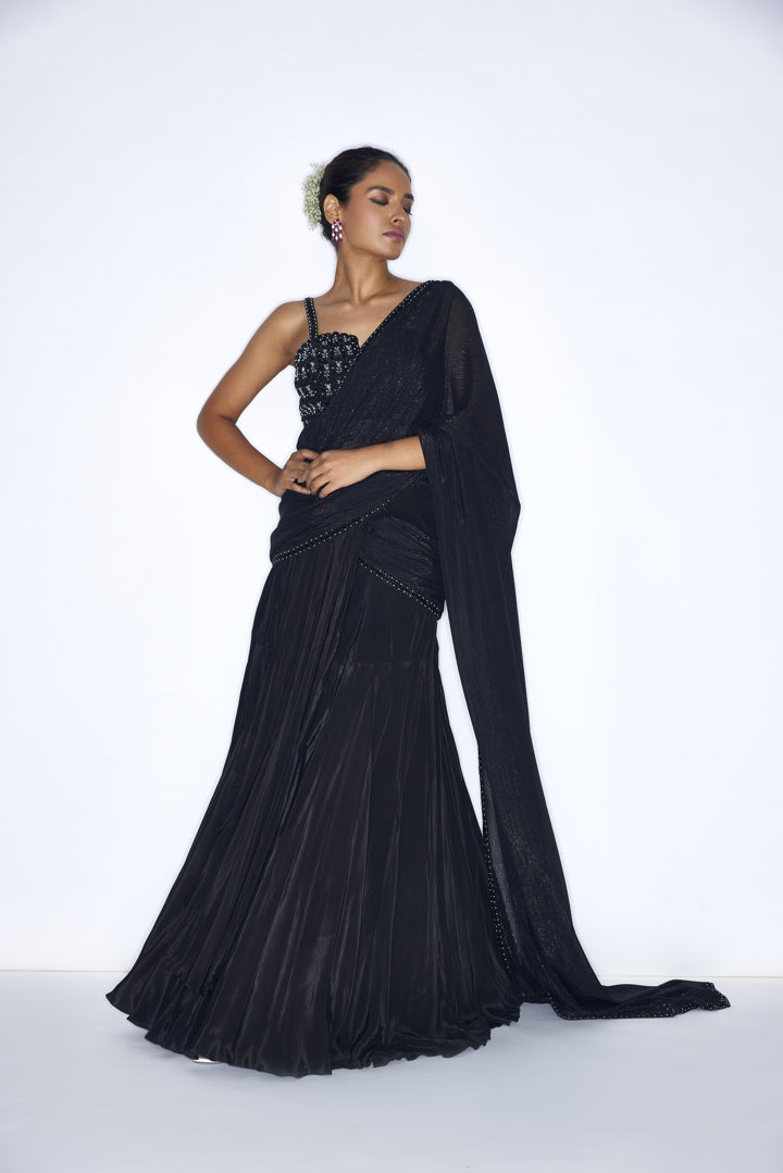 Black pre-draped lehenga set