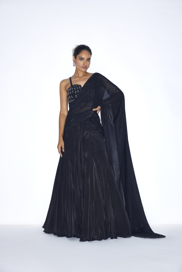 Black pre-draped lehenga set