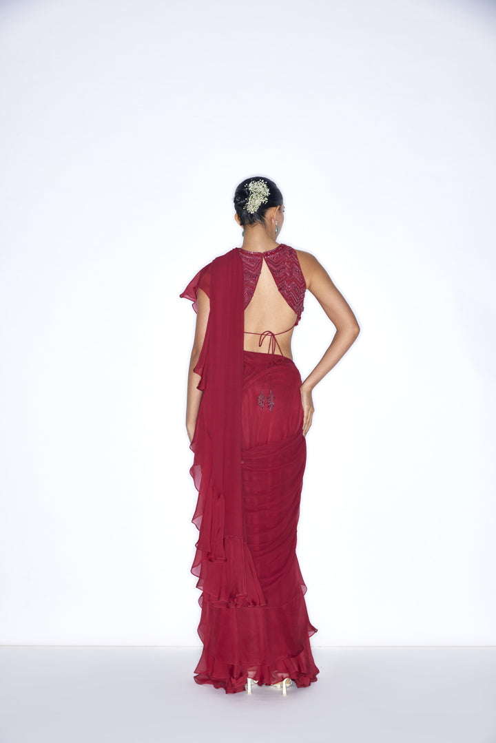 Scarlet Red pre draped cocktail saree