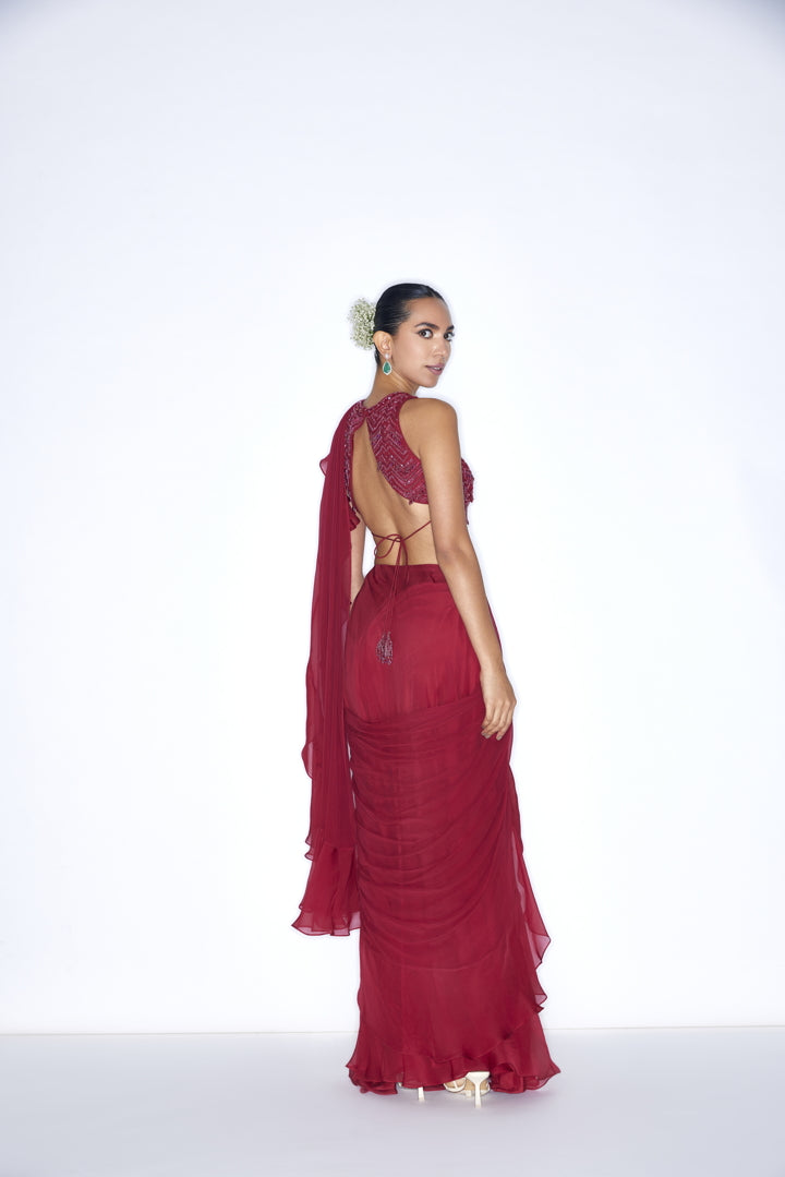 Scarlet Red pre draped cocktail saree