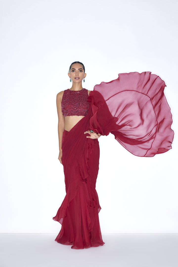Scarlet Red pre draped cocktail saree