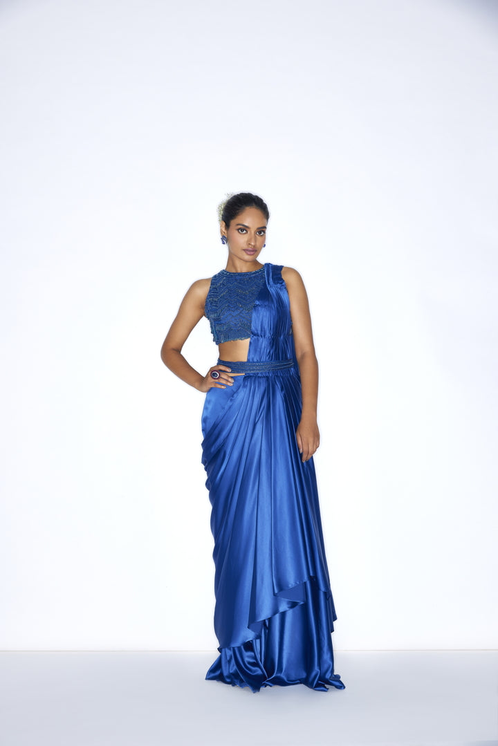 Electric blue  pre draped cocktail saree