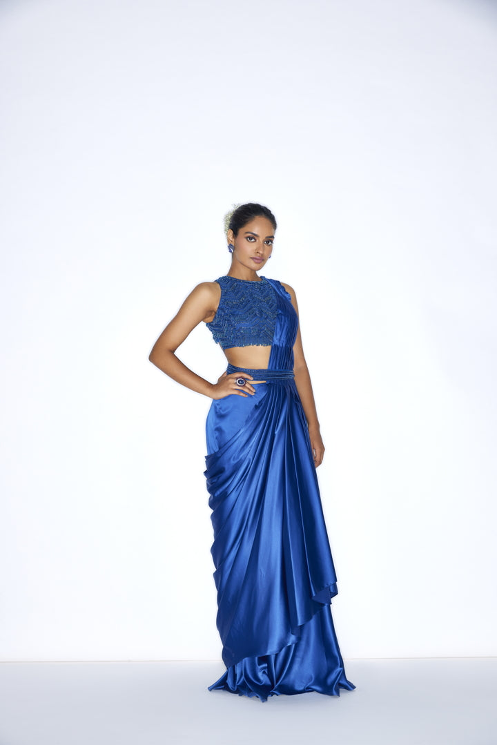 Electric blue  pre draped cocktail saree