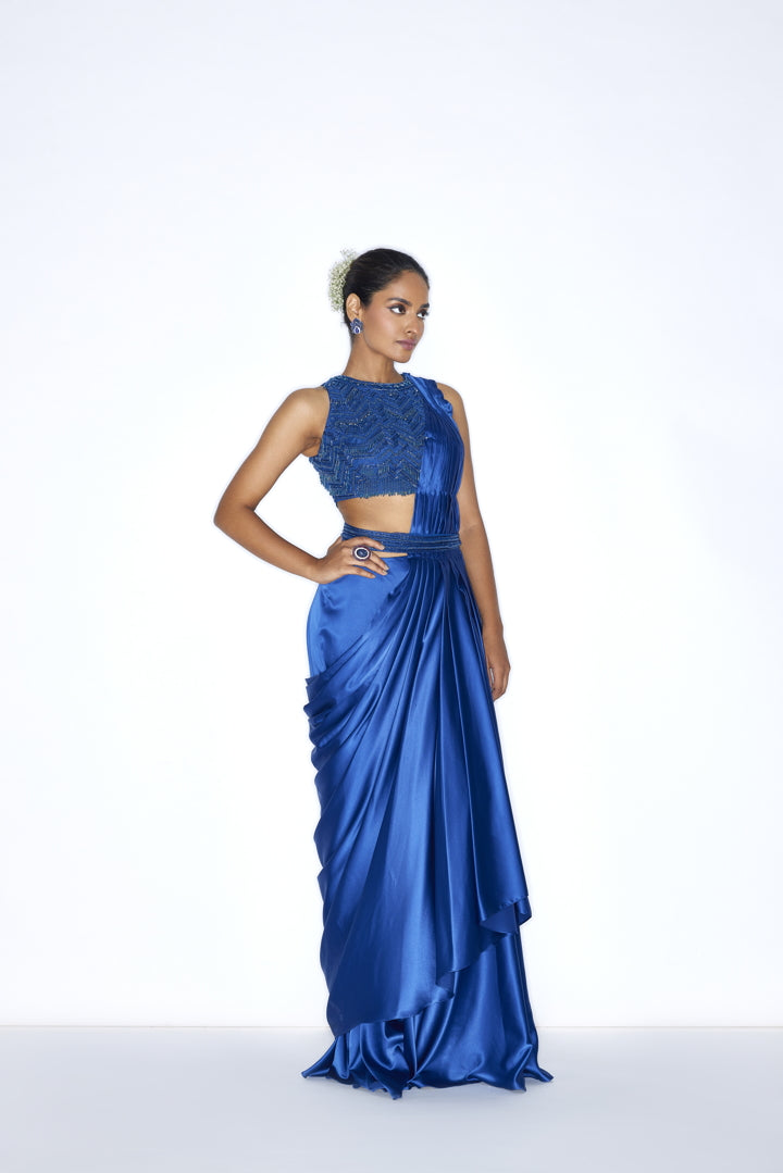 Electric blue  pre draped cocktail saree
