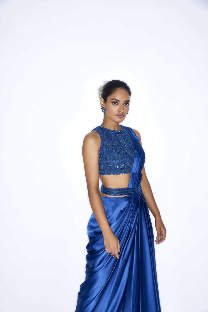 Electric blue  pre draped cocktail saree