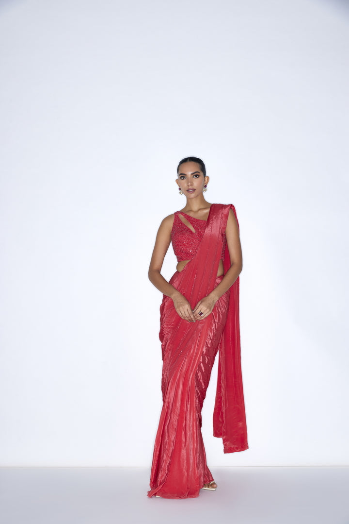 Contemporaray Red  pre draped saree set