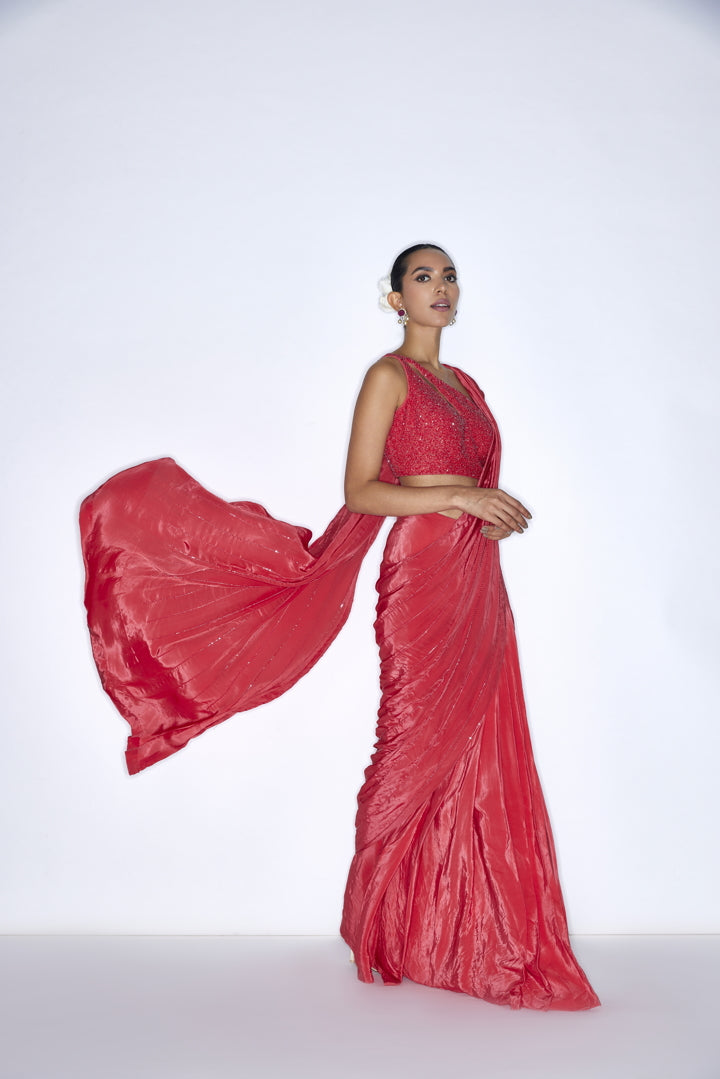 Contemporaray Red  pre draped saree set