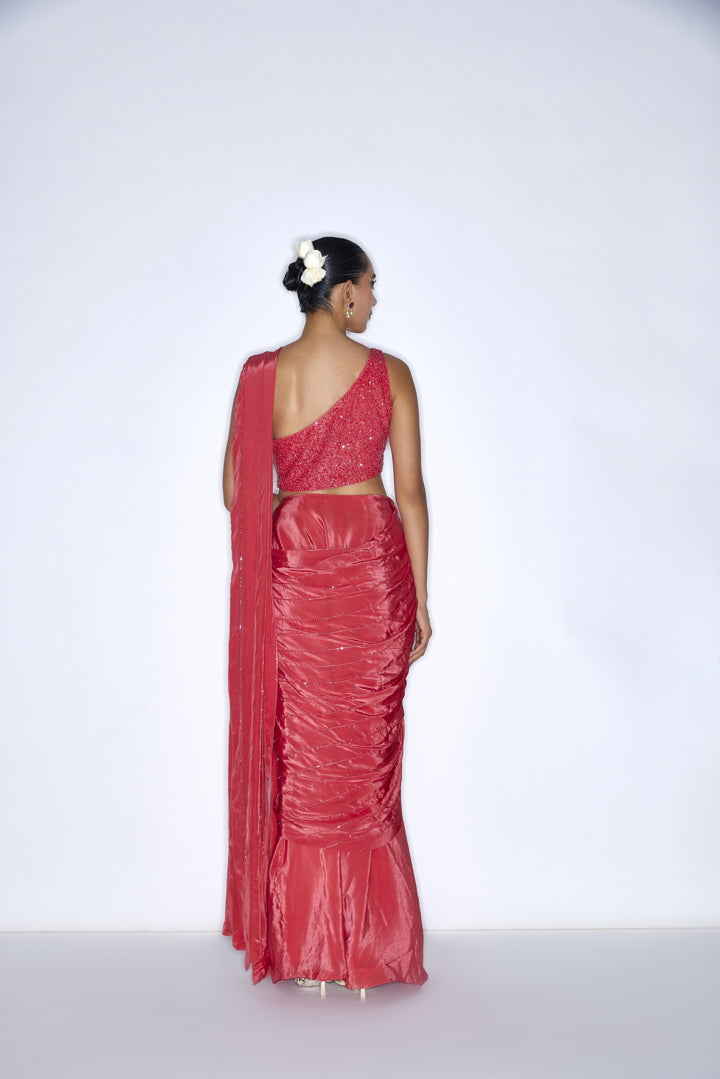 Contemporaray Red  pre draped saree set