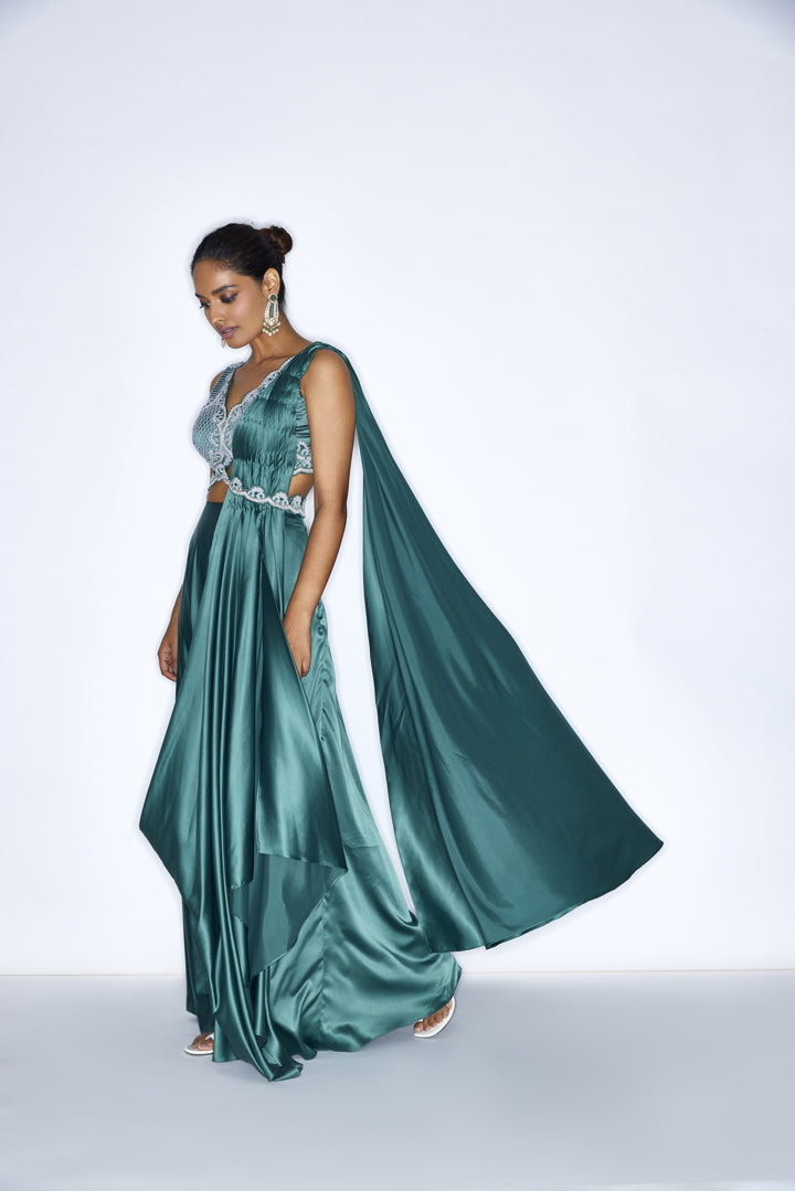 Emerald green  pre draped cocktail saree gown