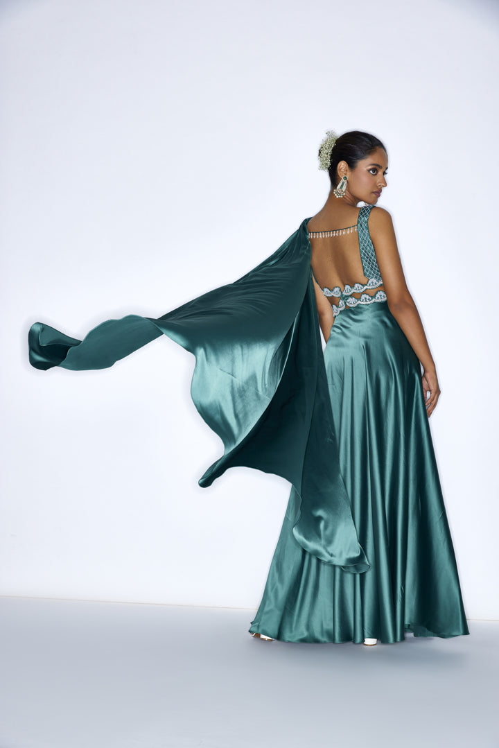 Emerald green  pre draped cocktail saree gown