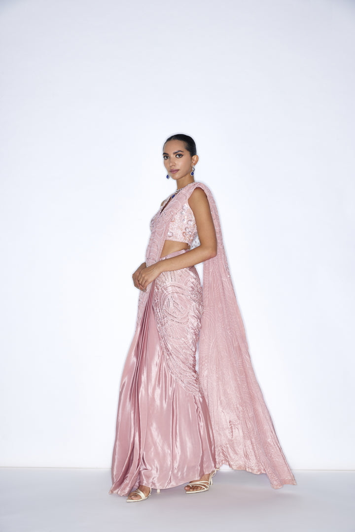 Rose Pink Embroidered Pre Draped saree set