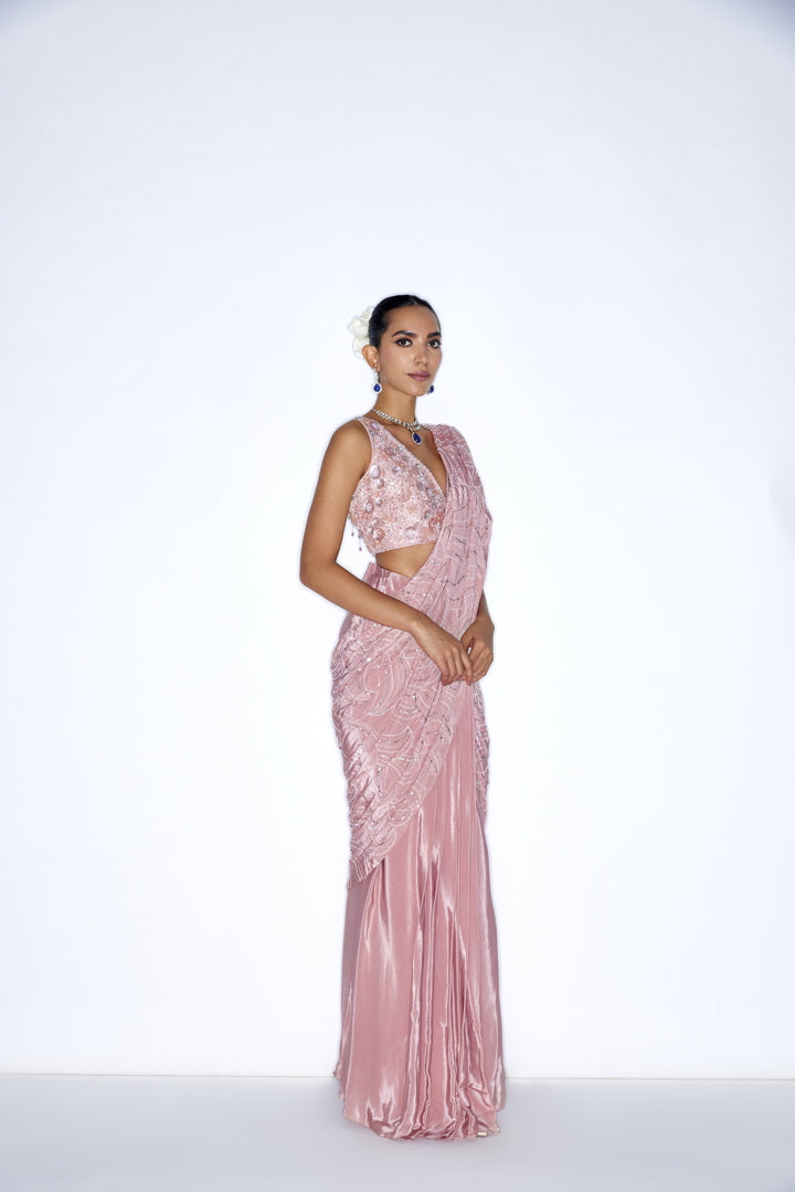 Rose Pink Embroidered Pre Draped saree set