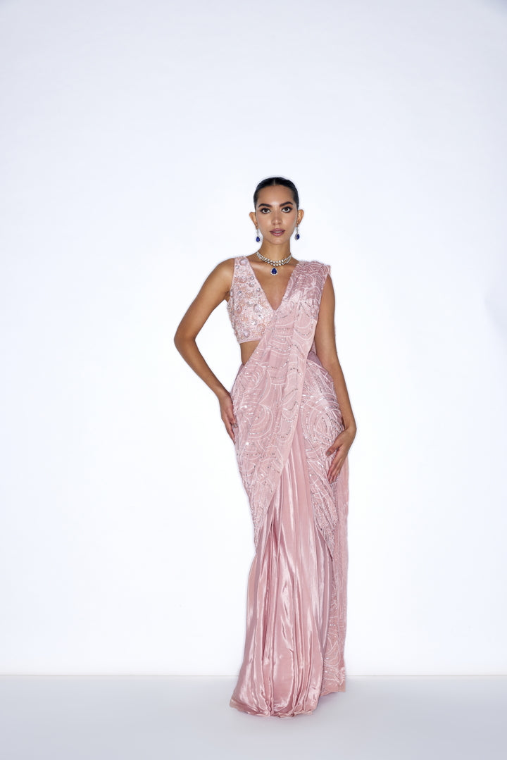 Rose Pink Embroidered Pre Draped saree set