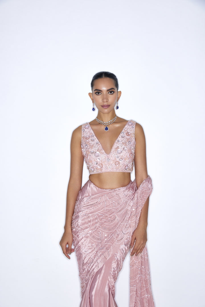 Rose Pink Embroidered Pre Draped saree set