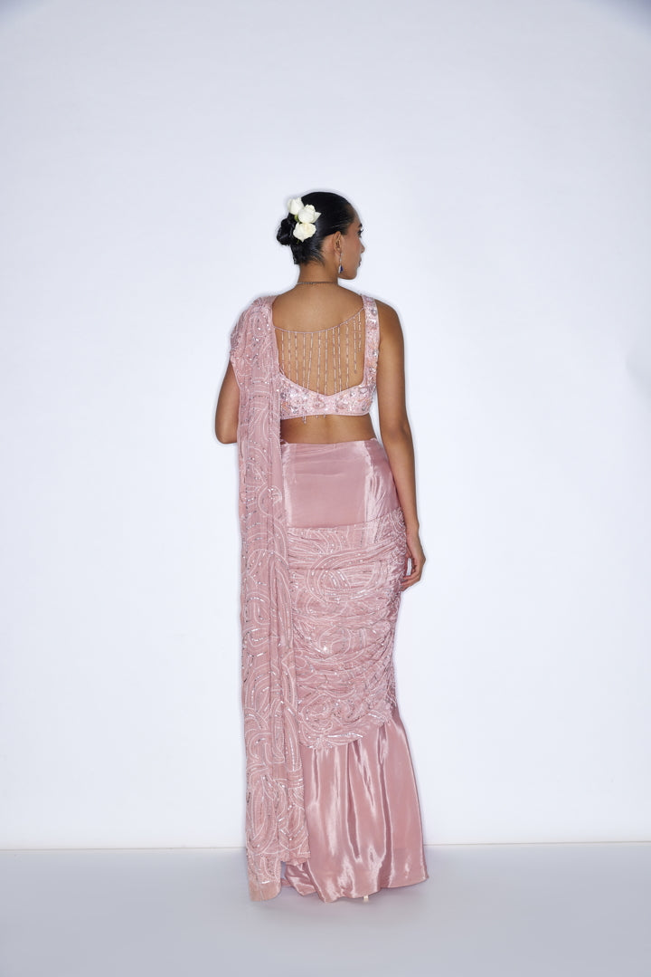 Rose Pink Embroidered Pre Draped saree set