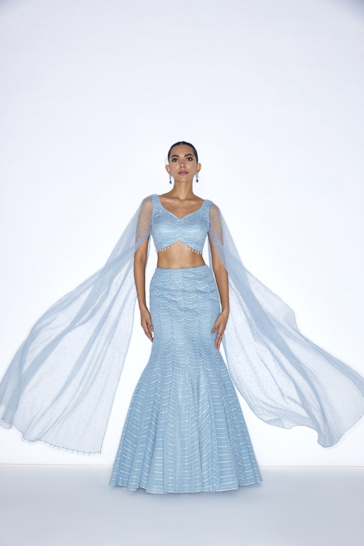 Sea Blue Fish cut embroidered  Lehenga set