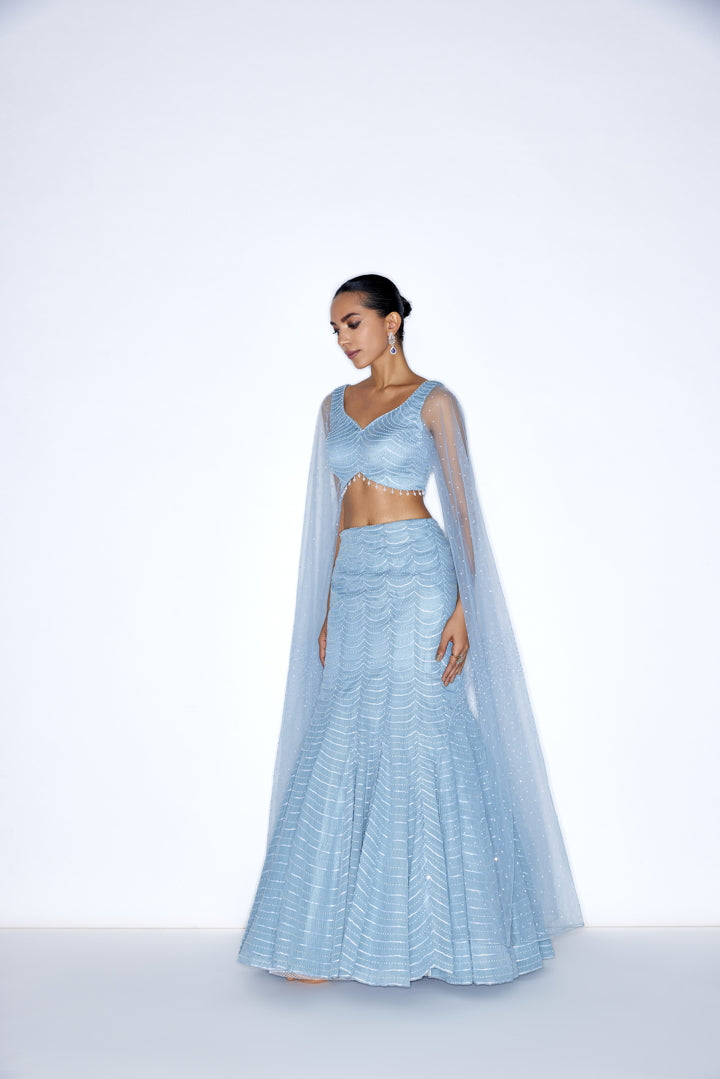Sea Blue Fish cut embroidered  Lehenga set