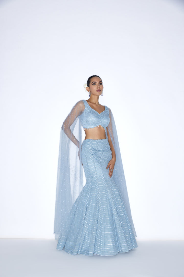 Sea Blue Fish cut embroidered  Lehenga set