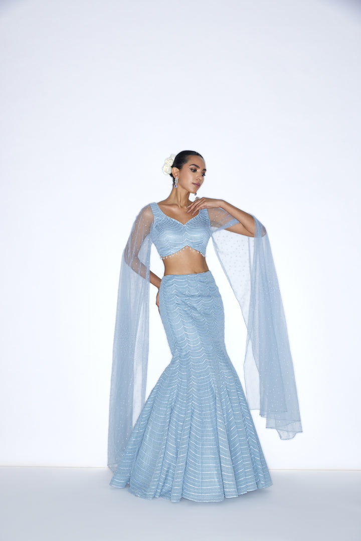 Sea Blue Fish cut embroidered Lehenga set shopniamh Sea Blue Fish cut embroidered Lehenga set shopniamh