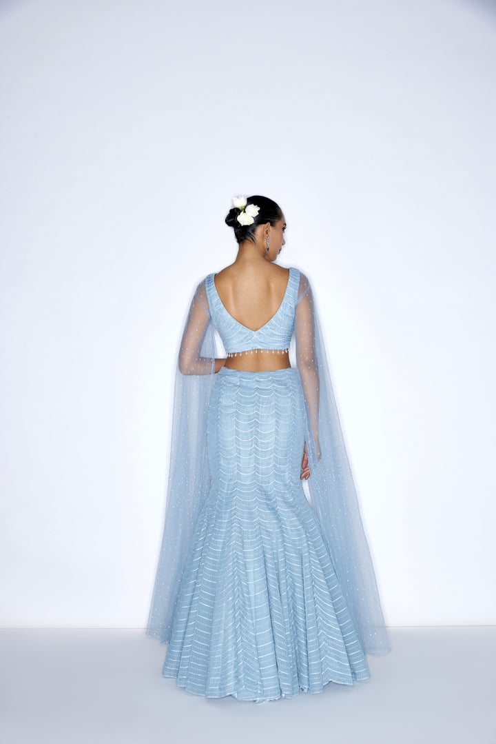 Sea Blue Fish cut embroidered  Lehenga set
