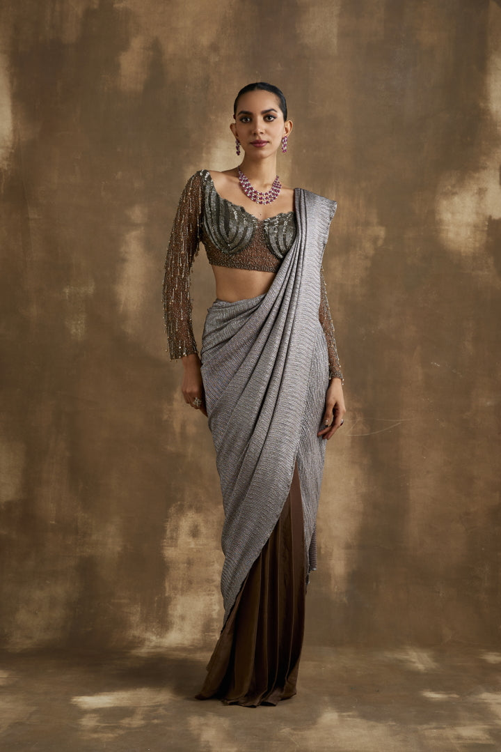 Elegant Copper and dull gold Pre draped Saree