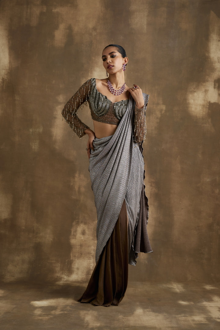 Elegant Copper and dull gold Pre draped Saree