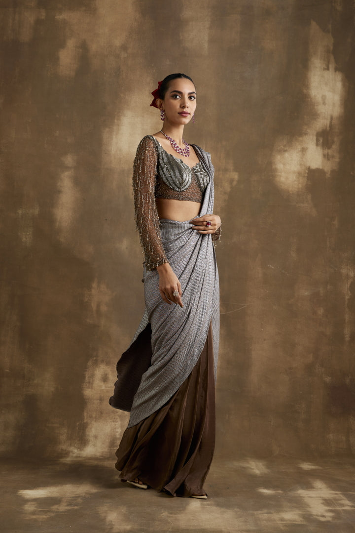 Elegant Copper and dull gold Pre draped Saree