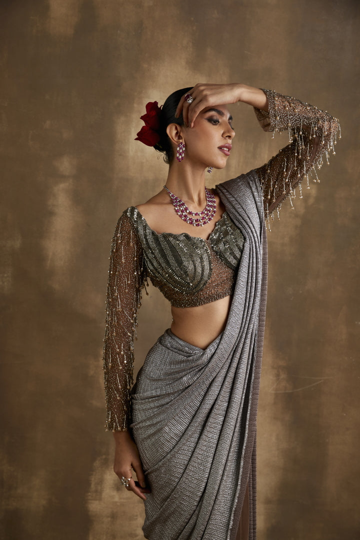 Elegant Copper and dull gold Pre draped Saree