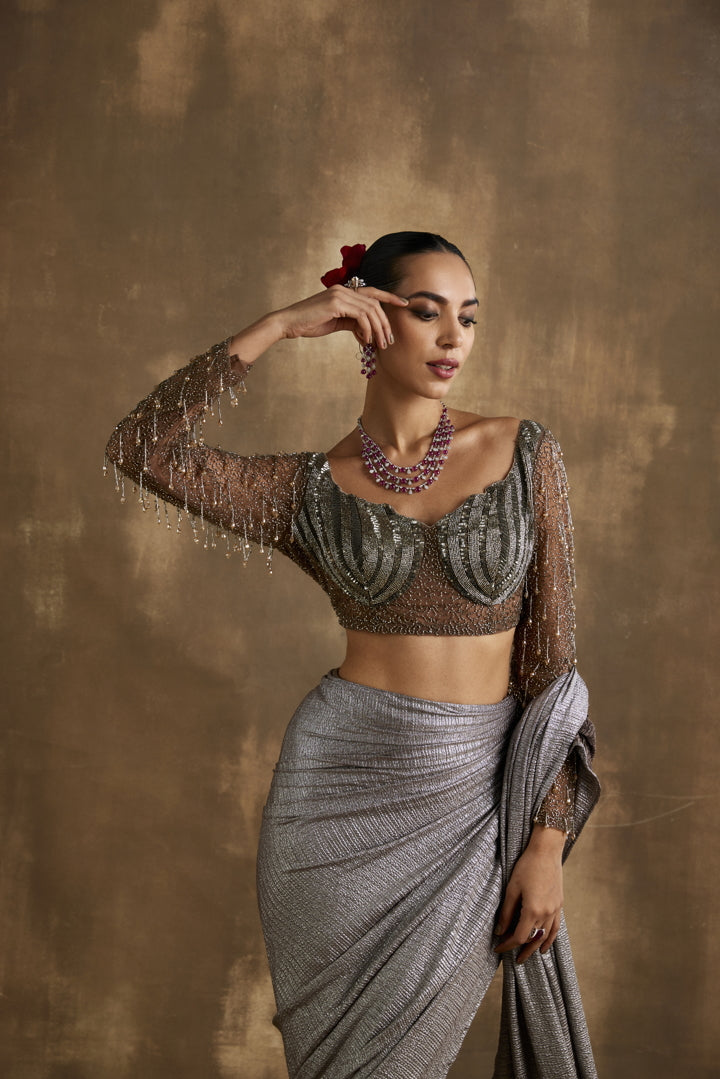 Elegant Copper and dull gold Pre draped Saree