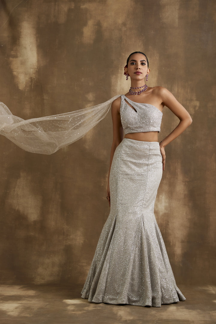 white christmas dresses Sparkling silver Fish cut lehenga set – shopniamh