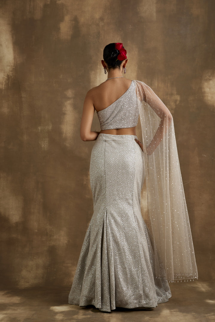 Sparkling silver Fish cut lehenga set