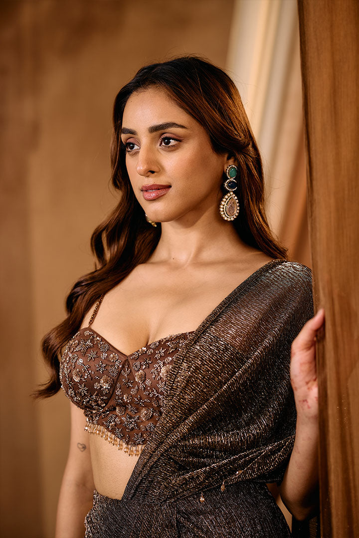Copper Bronze cocktail pre Draped saree with embroidered blouse