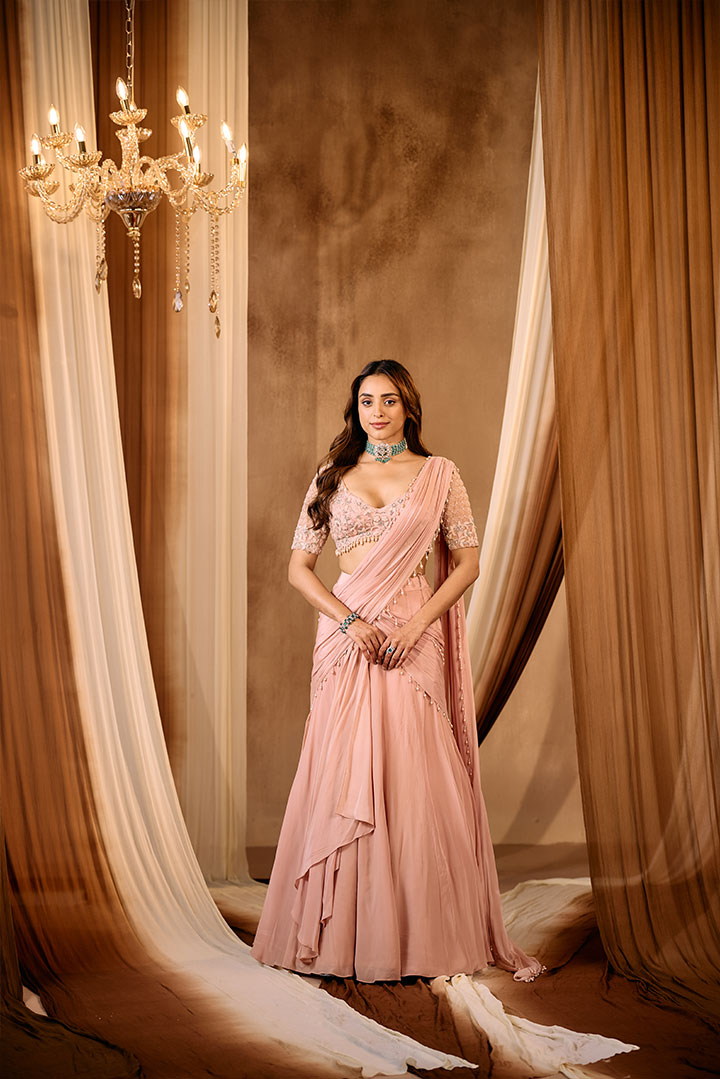 Elegant Pink embroidered Draped saree gown