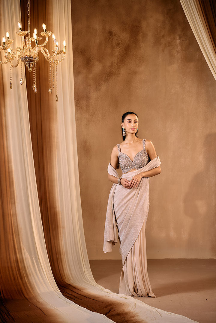 Champagne pre draped saree