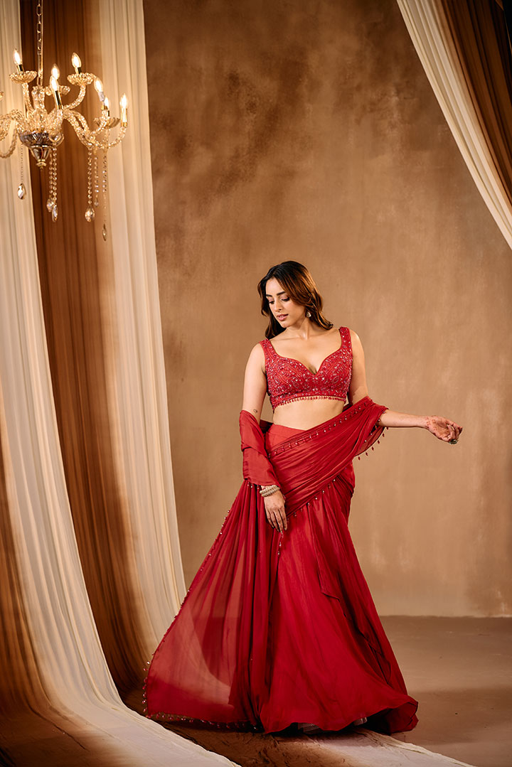 Red draped lehenga saree set