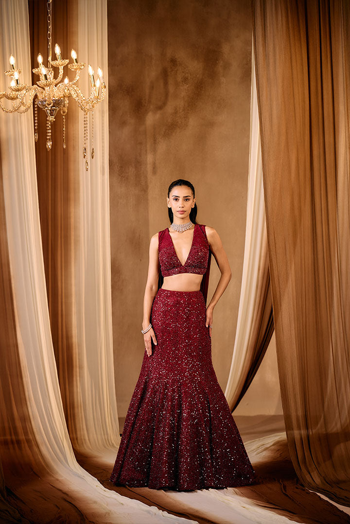 Maroon Embroidered Fish cut Lehenga set