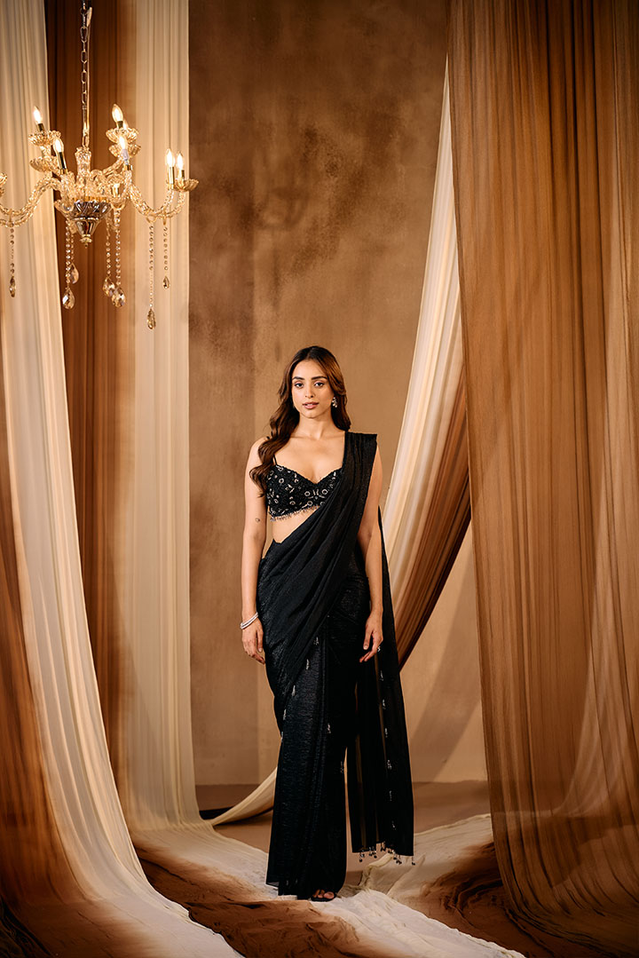 Black shimmer Pre draped Saree with Embroidered Blouse