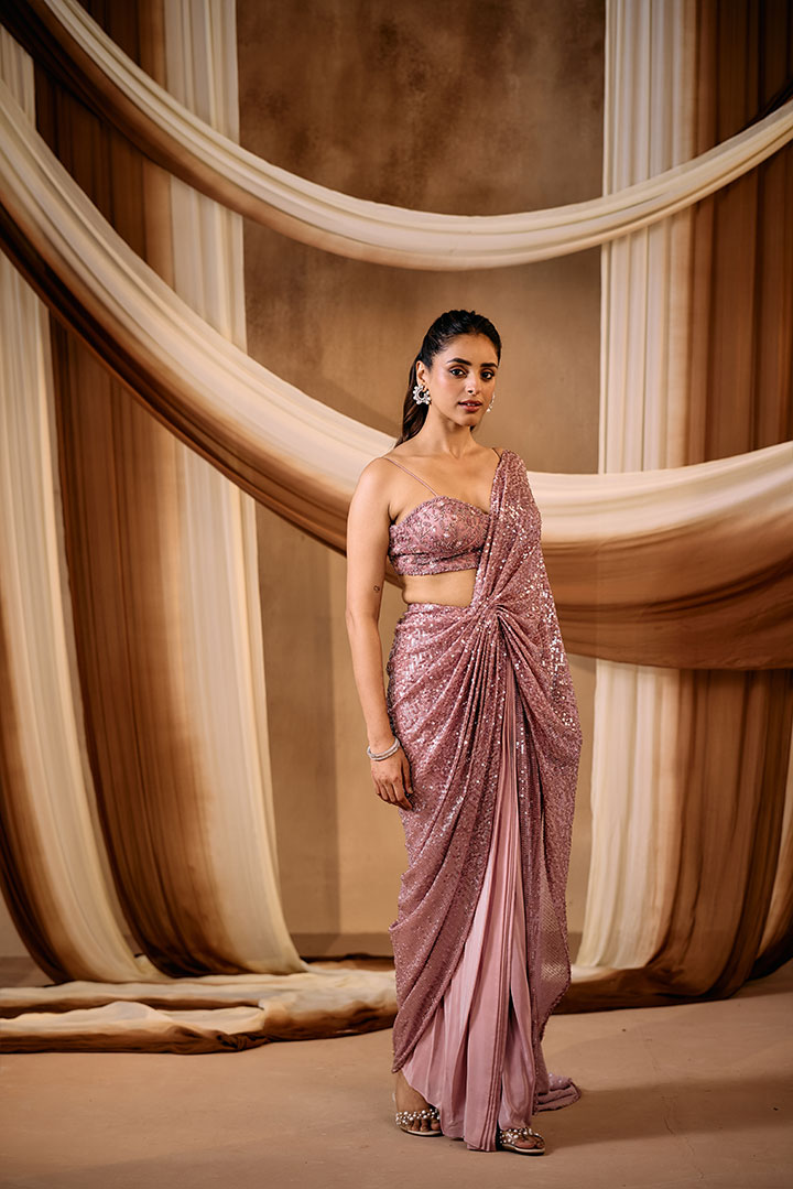 Duksy Rose Sequin pre draped saree with embroidered blouse