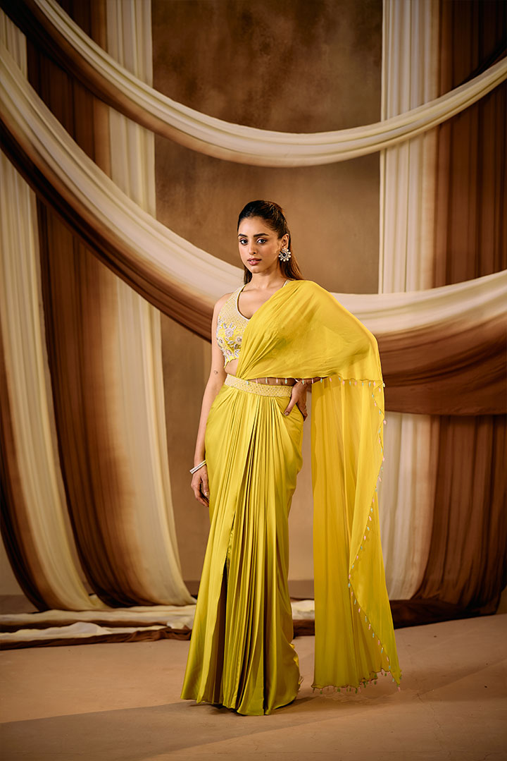Golden yellow pre draped saree set