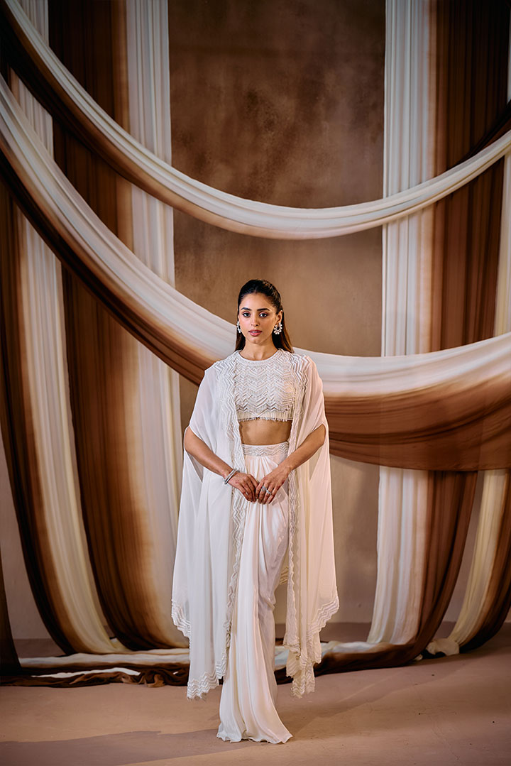 Ivory draped skirt with top and cape