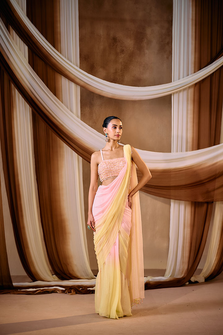 Ombre draped saree with beaded blouse