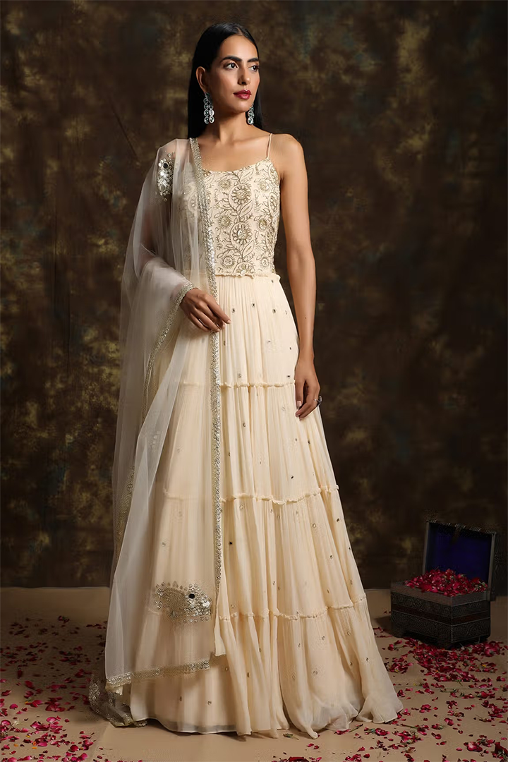C018 Creamy White Embellished Anarkali