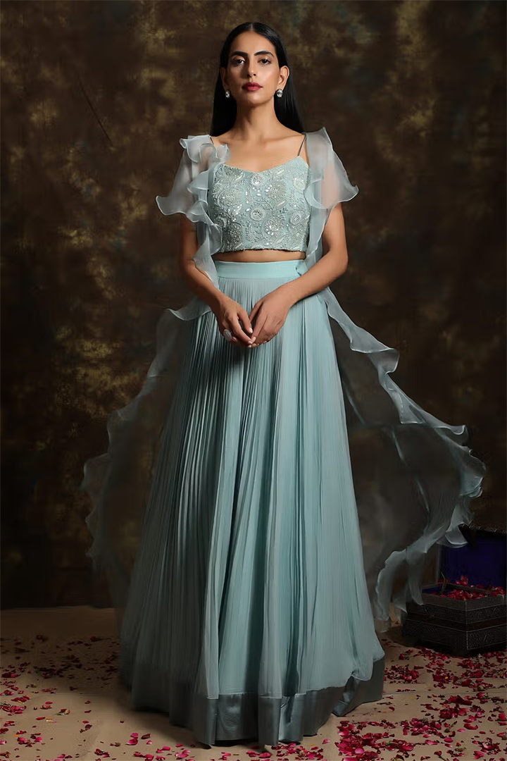 C020 Lehenga Blouse Set Paired with Ruffled Cape
