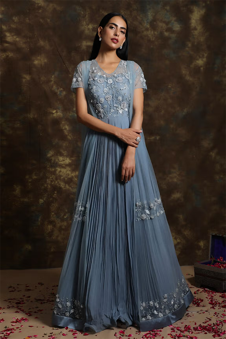 C015 Sage Blue Pleated Anarkali with Cape
