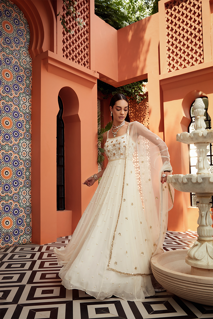 AB08 Ivory Gold Embroidered Anarkali Set