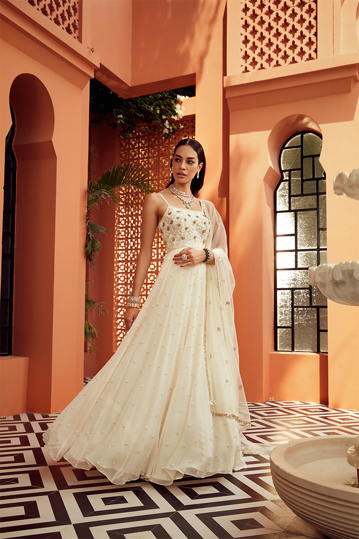 AB08 Ivory Gold Embroidered Anarkali Set