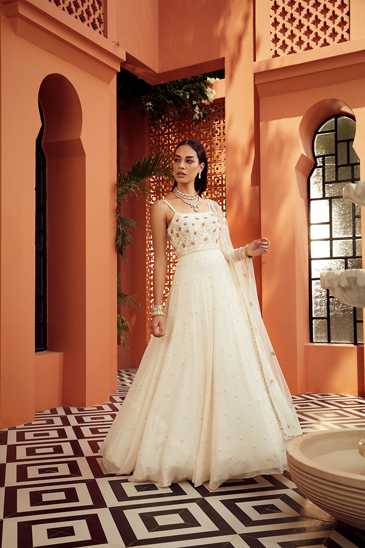 AB08 Ivory Gold Embroidered Anarkali Set