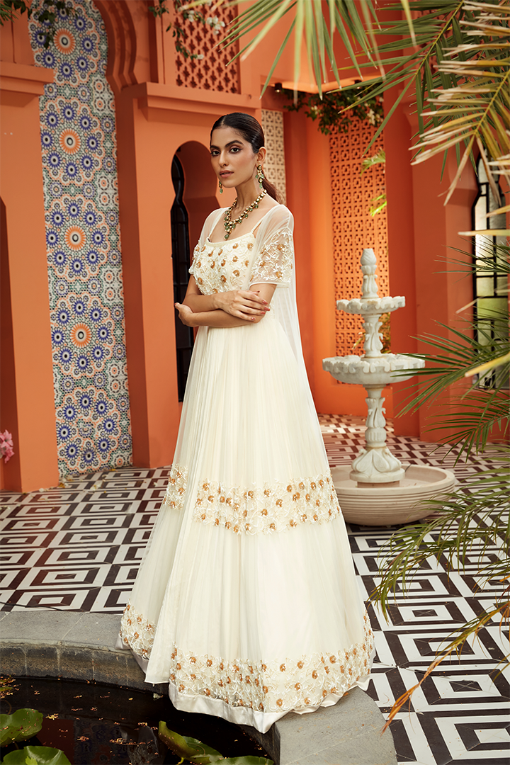 AB01 Ivory Gold Pleated Anarkali with Embroidered Cape