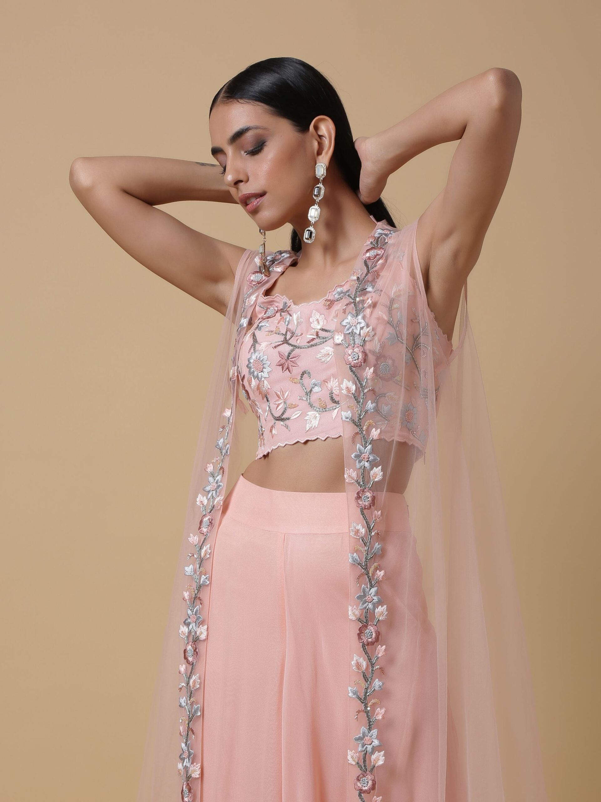 C010 Salmon Pink Blouse and Palazzo Set with Cape