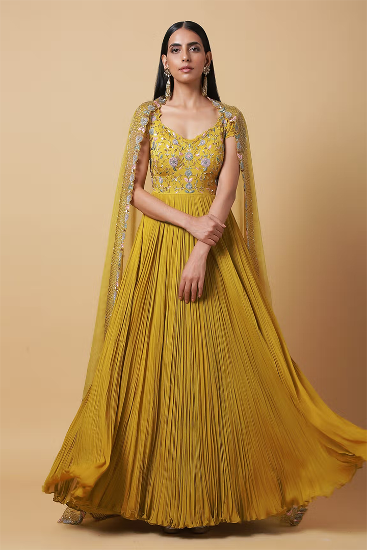 C009 Mustard pleated anarkali with dupatta
